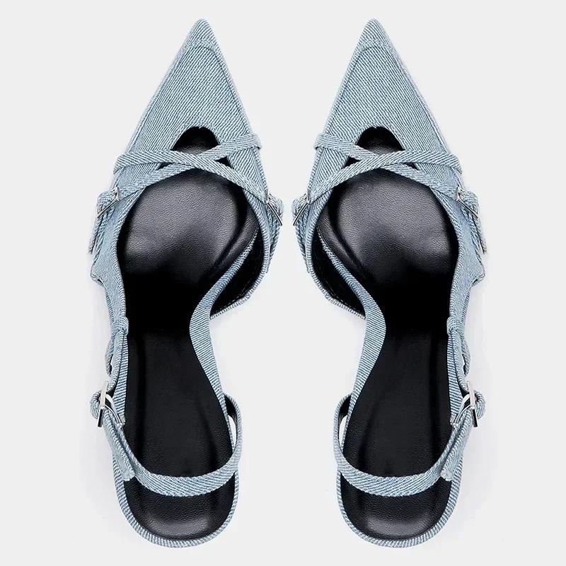 2024 Summer Women Cowboy Blue High Heels Pumps Stiletto Sexy Woman Sandals Fashion Slingback Pointed End Shoes for Woman