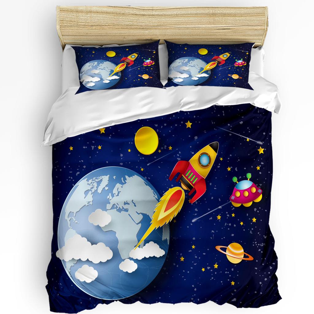 3pcs Bedding Set Universe Space Rocket Cartoon White Home Textile Duvet Cover Pillow Case Boy Kid Teen Girl Bedding Covers Set