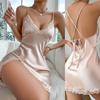 Women's Ice Silk Pajama Sexy Lace Backless Camisole Dress Summer Short Dress Thin Breathable Loungewear Lace Up Back Nightdress