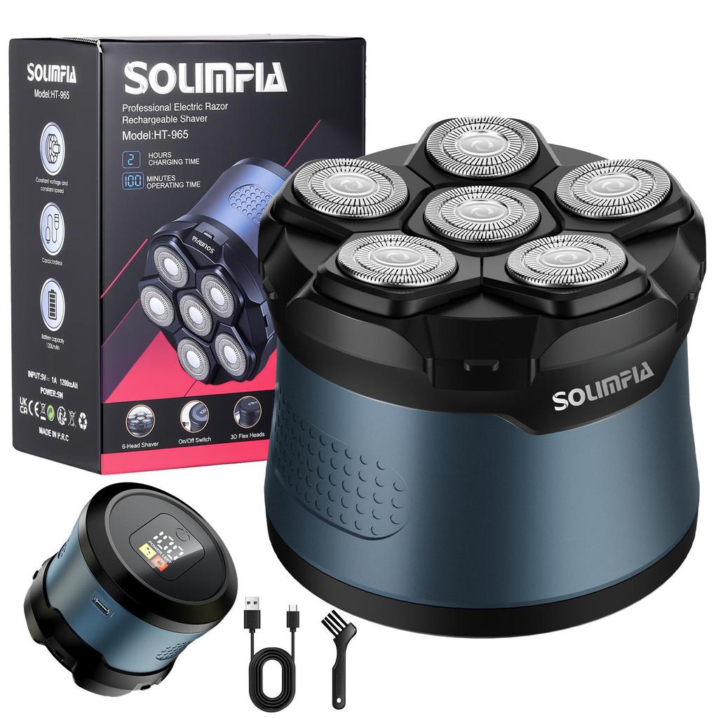 SOLIMPIA Мужская электрическая бритва Машинка для стрижки волос 6 магнитных лезвийных головок Беспроводной триммер для стрижки налысо Домашний набор для ухода за бородой и кожей головы