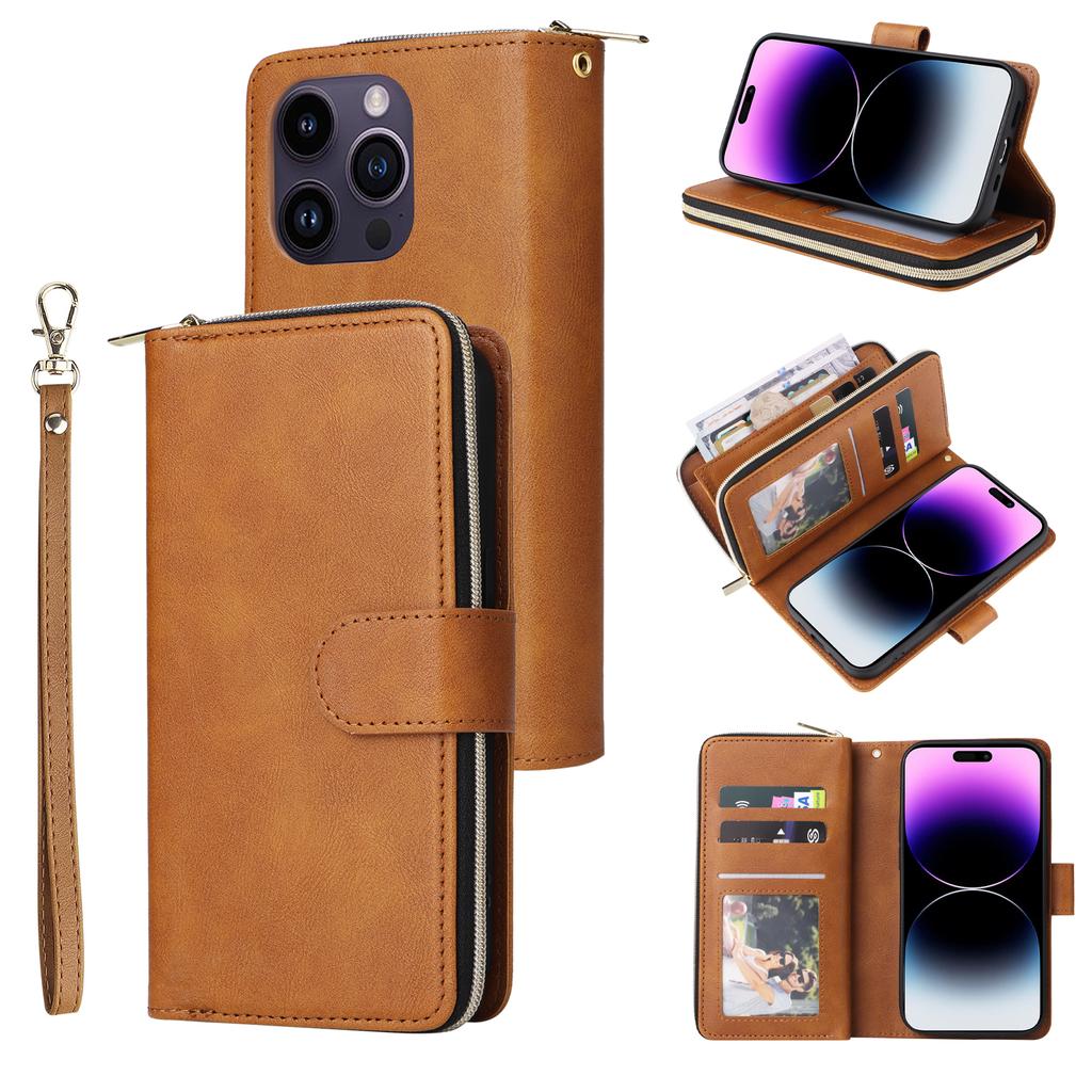 For iPhone 15 Pro Cases 9 Card Slots PU Leather Wallet Zippered Phone Stand Cover