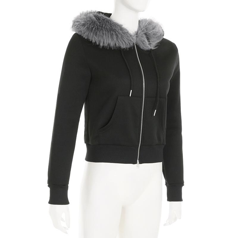 Goth Dark Streetwear Толстовки с капюшоном с воротником из искусственного меха с двойной молнией Пальто с капюшоном Женские повседневные куртки в готическом стиле с карманами Y2K Grunge Fall Cardigan