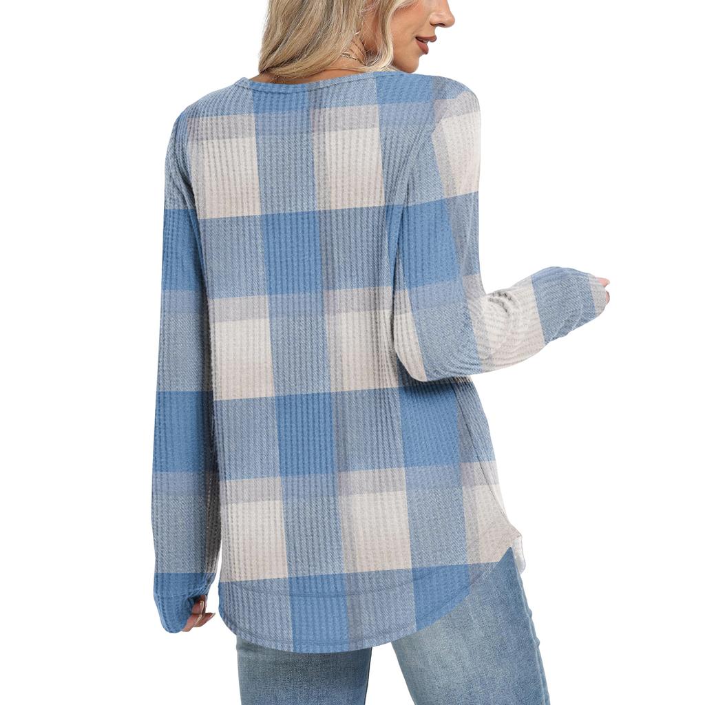 Женский повседневный топ свободного кроя с круглым вырезом и длинными рукавами в клетку