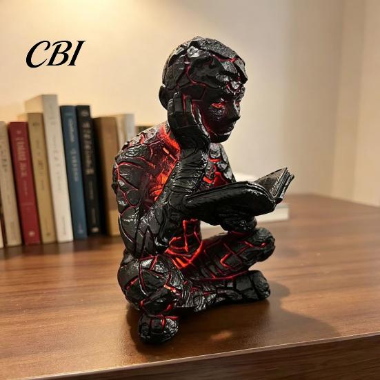 Resin Art Ornament Cracked Reader Figurine, Lighted Abstract Statue, Modern Thinker Creative Living Room Sculpture with LED Light for Home Desk Shelf