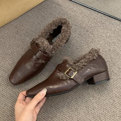 Меховые лоферы Женские туфли на каблуке Модные хлопковые туфли для женщины Зимние сапоги Дизайнерские Зимние Теплые Элегантные Mujer De