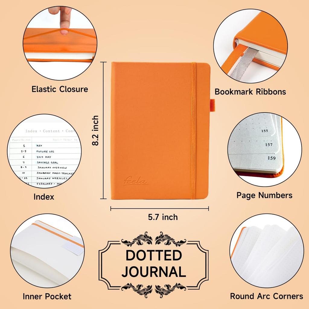 Feela Bullet Journal Notebook, Synthetic Leather, A5 Size, Dot Grid, Pen Included (Orange)