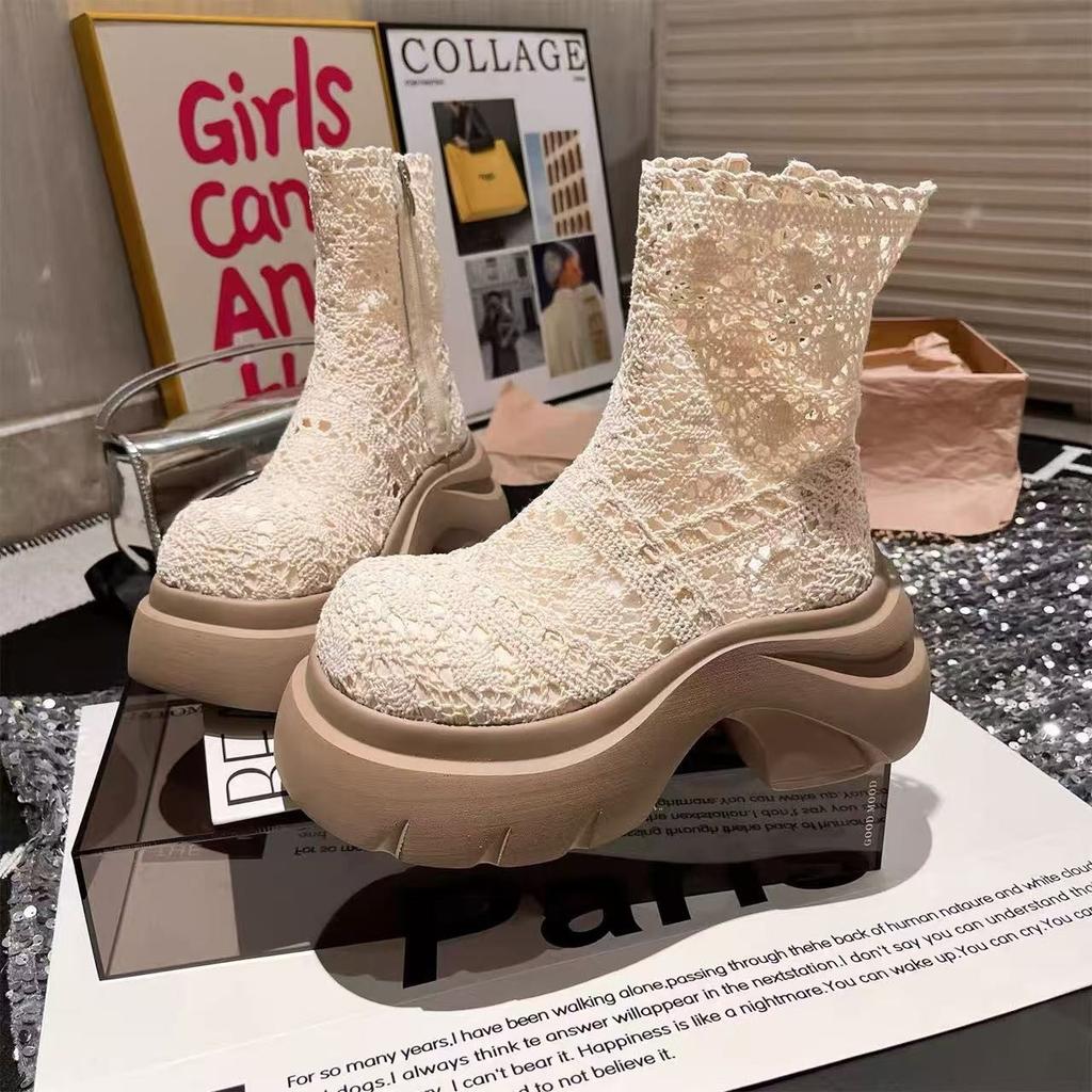 Net Boots Female Cool Boots Summer Cotton and Linen Explosion Fairy Wind 2025 New Hollow Breathable Short Boots Thin Fashion Boots