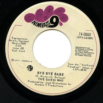 7-дюймовая пластинка GUESS WHO - Bye Bye Baby / Follow Your Daughter 740880 Nimbus 9 1973 Канада Рок Б/У