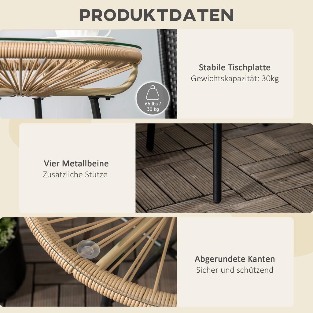 Boho-style garden table. PE rattan. Tempered glass. Weatherproof. 50cm x 50cm x 50cm. Beige