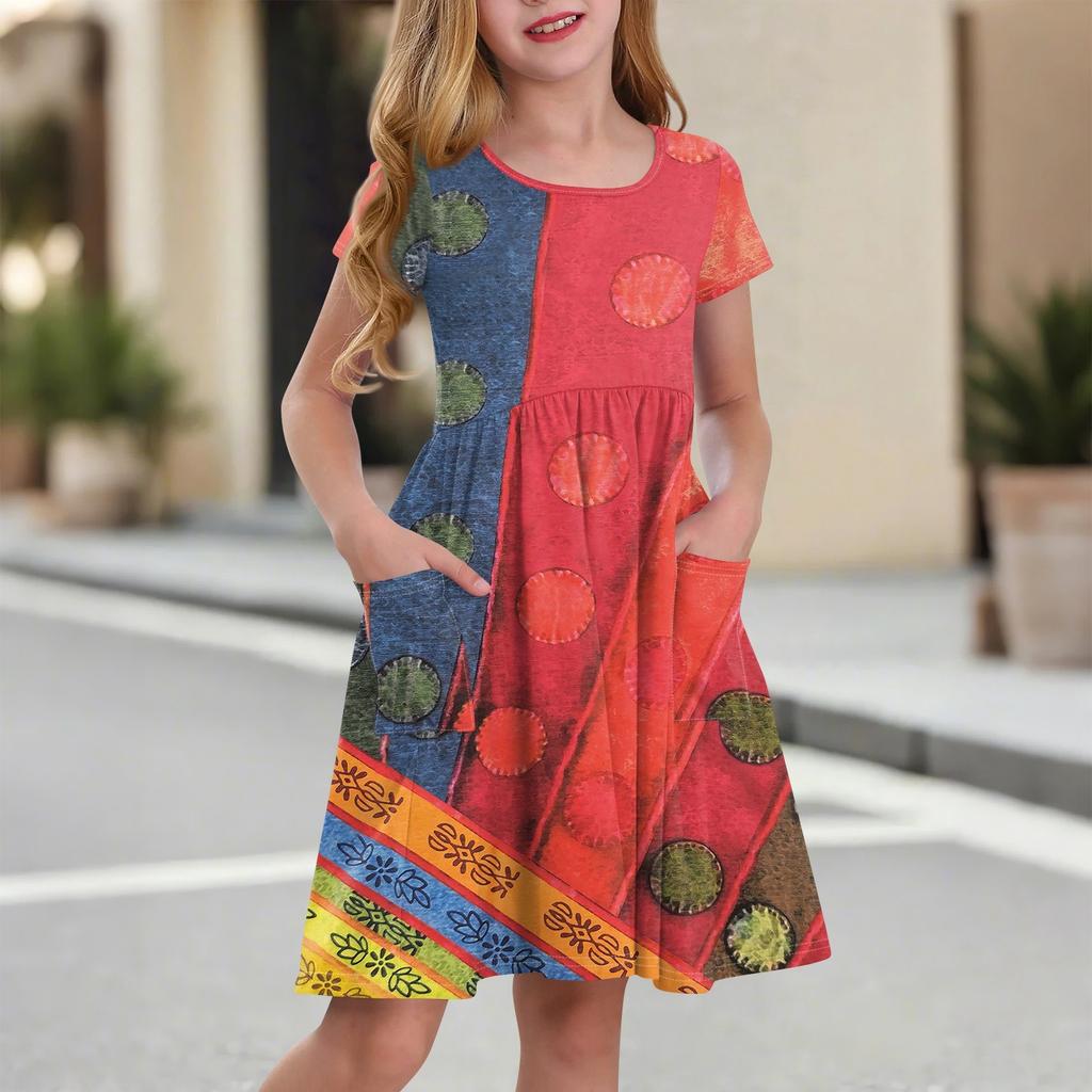 Детская юбка с круглым вырезом и коротким рукавом, платье принцессы, модное повседневное платье с карманами для девочек