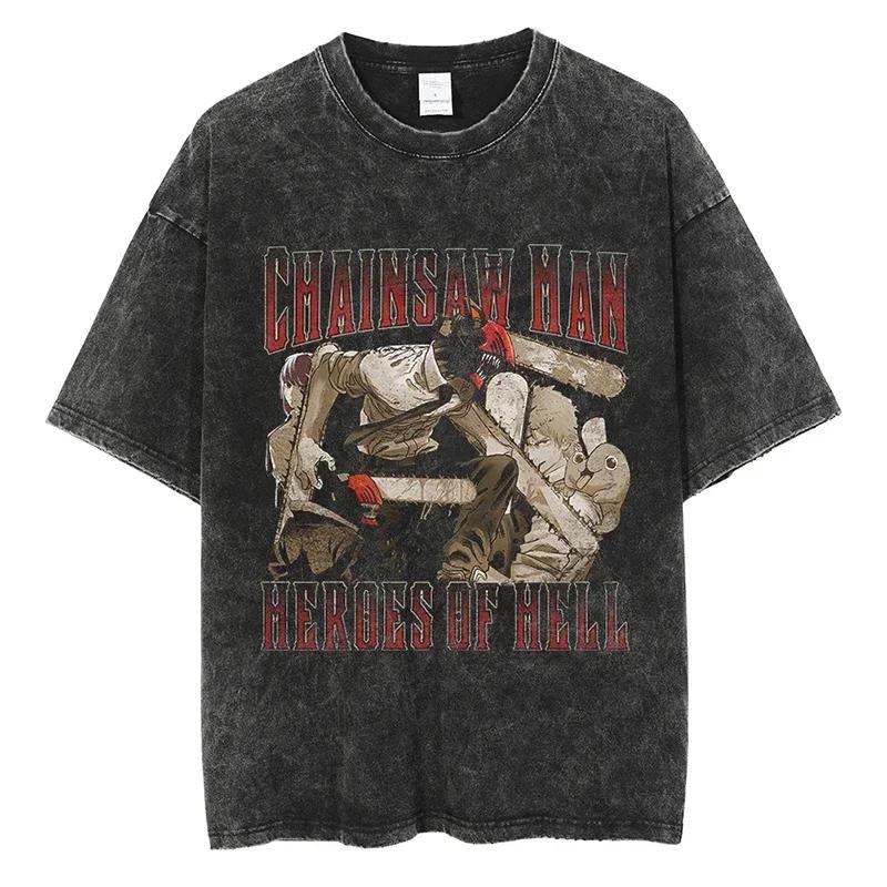 Anime Chainsaw Washed Short Sleeved Round Neck Yk Tshirt Ropa Hombre Men Clothing New in Top Tees Mens TShirt Camisetas
