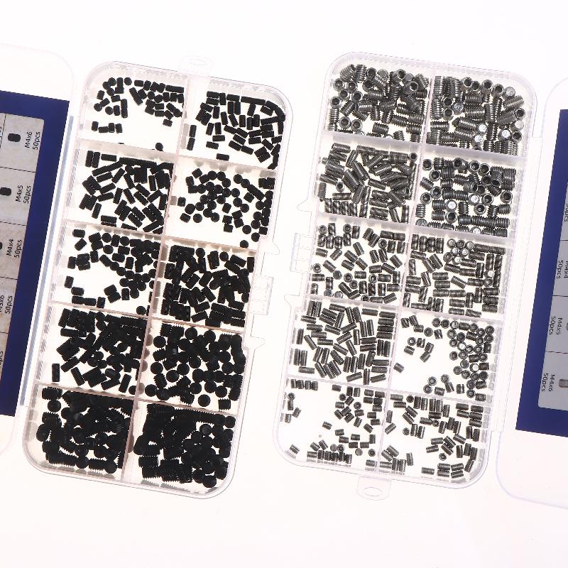 500 шт. M2.5 M3 M4 DIN913 Нержавеющая сталь 304 Черный Шестигранный Гексагон Socket Allen Плоский Конец Установочный Винт Набор Винтов Коробка