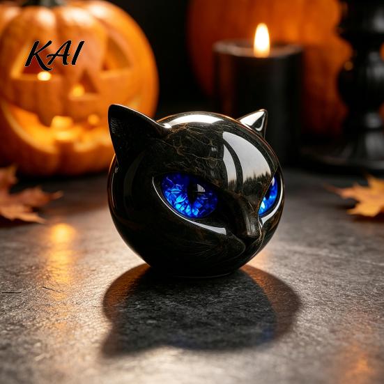 Halloween Party Table Centerpiece Spherical Black Cat Head Ornament, Resin Gothic Style Sculpture with Colorful Whimsical Animal Figurine