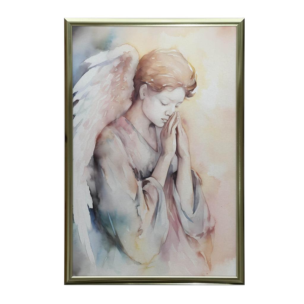 Modlący Się Anioł W Pastelowych Tonach Modlący Się Anioł W Pastelowych Tonach, 30X40 Cm, Rama Aluminiowa Złota, Papier Matowy 230 Gsm