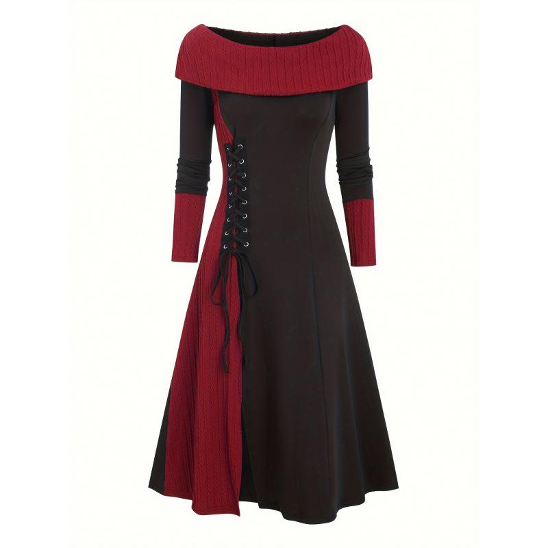 Повседневное трикотажное платье А-силуэта с колор-блоком и шнуровкой, с длинным рукавом и вырезом «лодочка» для осени и зимы