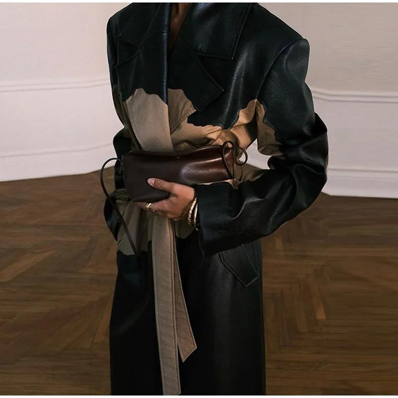 Контрастная кожаная длинная женская куртка со шнуровкой на лацканах с длинным рукавом, женская макси-куртка из искусственной кожи, осенне-зимнее уличное женское пальто с карманами