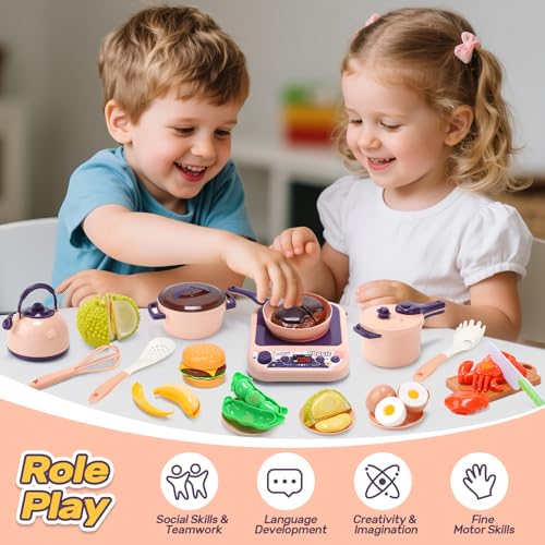 Милый Камень 61-предметный игровой набор для кухни, Включает посуду, скороварку, индукционную плиту, кастрюлю и кухонную утварь, Реалистичные ингредиенты, Игра в нарезку, П