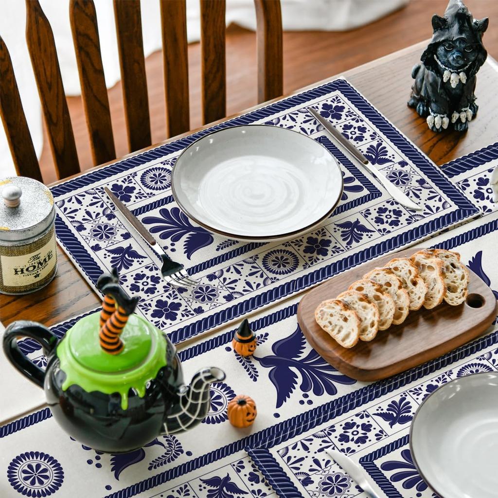 Artoid Mode Talavera Tiles Floral Phoenix Fiesta Mexican Placemats Set of 6, 12x18 Inch Seasonal Fall Holiday Table Mats for Party Kitchen Dining