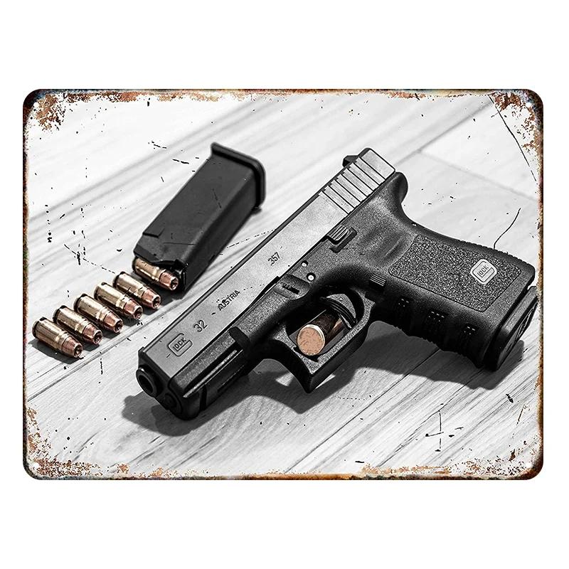 Металлическая табличка с HD-печатью пистолета. Винтажный стиль, Идеально для дома, бара, клуба. Добавляет шарм настенному декору.