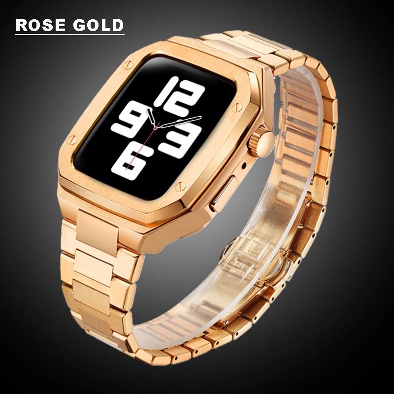 Модификация Роскошный корпус из нержавеющей стали для Apple Watch 8 7 6 5 Ремешок Металлический браслет для IWatch 42 мм 44 мм 45 мм Резиновый ремешок для часов