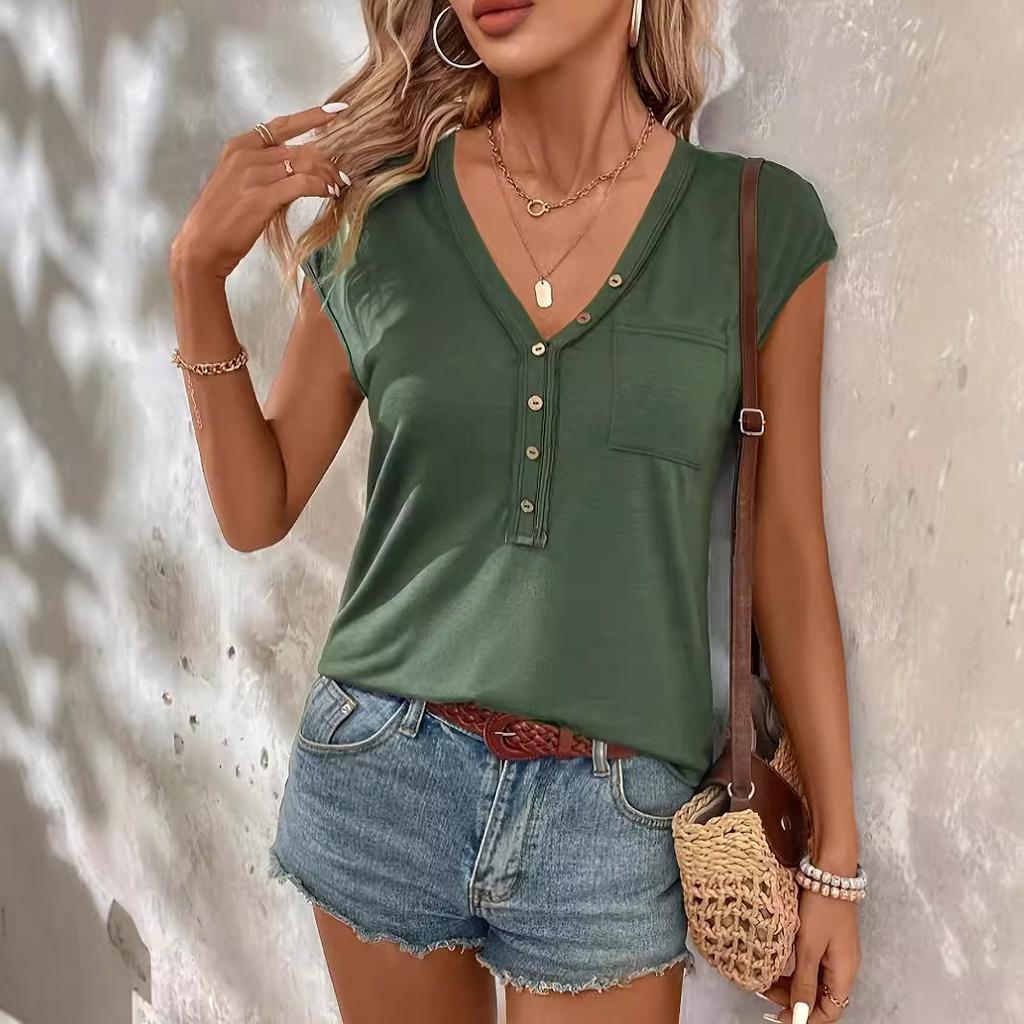 Сексуальная футболка с глубоким V-образным вырезом, рукавами три четверти, свободного кроя, однотонная, с карманом на пуговице для женщин