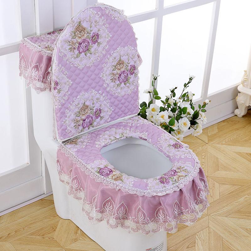 Набор из трех предметов для унитаза из синели, садовая кружевная ткань, подушка на сиденье унитаза на молнии, чехол на сиденье унитаза, кольцо