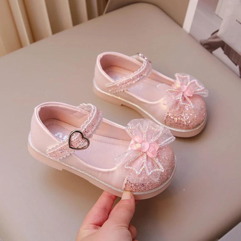 Spring Autumn Children's Leather Shoes chic Sequins Girls Party Shoes Fashion Bowtie Rabbit Kid Princess Causal Dress Flat Shoes
