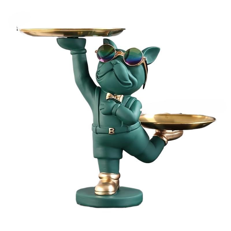 Статуя собаки из смолы, декор для комнаты, скульптура дворецкого с 2 лотками для хранения, фигурка французского бульдога, украшение для дома, украшения для стола