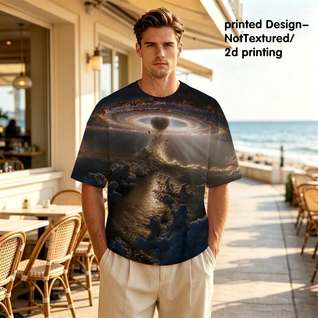 Men's Short Sleeve T-Shirt, Universe Theme 2D Print Design, Polyester Fabric, Comfortable Stylish Versatile Daily Casual Top for Halloween