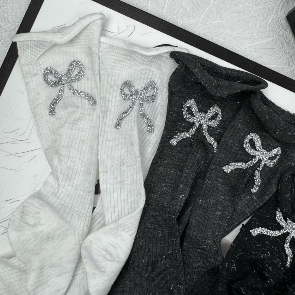 Женские высокие носки с блестящим бантом - Трехцветные, Однотонные, Складчатые, Балетный стиль