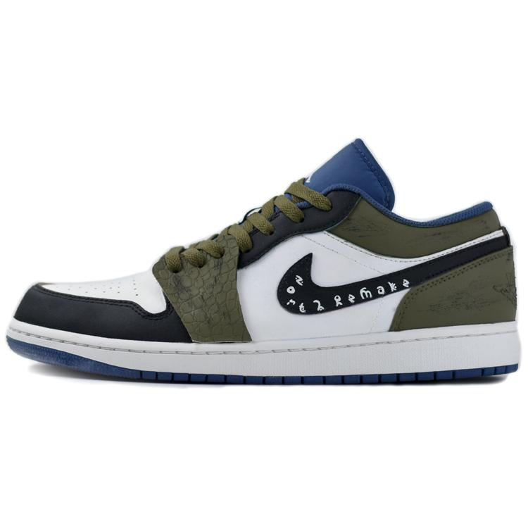 Jordan Air Jordan 1 Износостойкие Нескользящие Низкие Винтажные Баскетбольные Кроссовки Мужские Черно-Бело-Зеленые 553558-414(Команда679-)