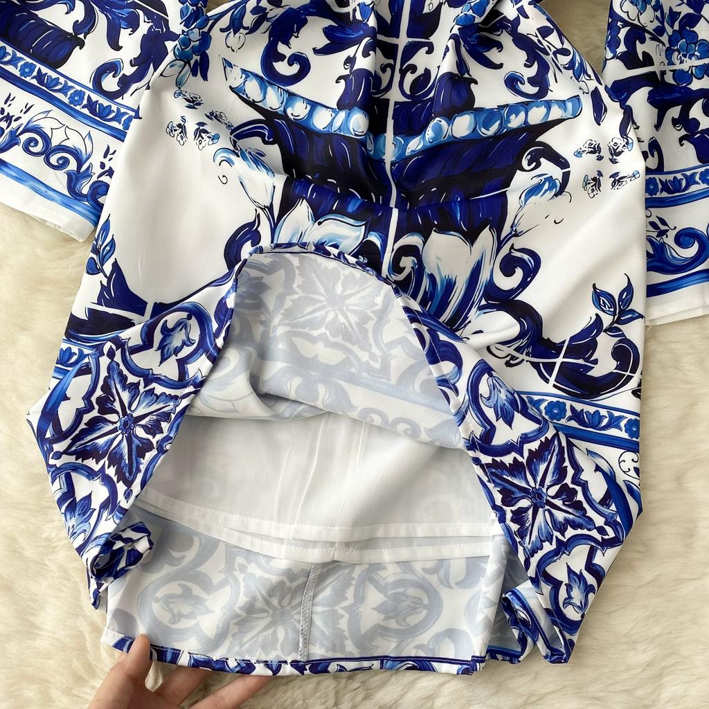 Autumn Vintage Brand Designer Print Runway Dresses Women Flare Sleeve Mini Short Party Dress