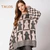 Women Sweater Round Neck Long Sleeve Elastic Knitting Tops Loose Fit Ghost Pattern Plaid Decor Pullover Tops Knitwear
