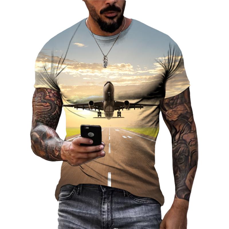 Fashion New 3D Printed Airplane Graphic T Shirts For Men Summer Trend Casual Fun Round Neck Short Sleeve Streetwear Tees Tops