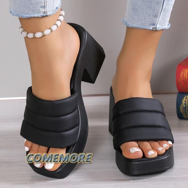 Модные Элегантные Женские Шлепанцы на Платформе Летние На Высоком Каблуке Кожаные Женские Уличные Нескользящие Повседневные Пляжные Босоножки на Каблуке Женская Обувь Мода