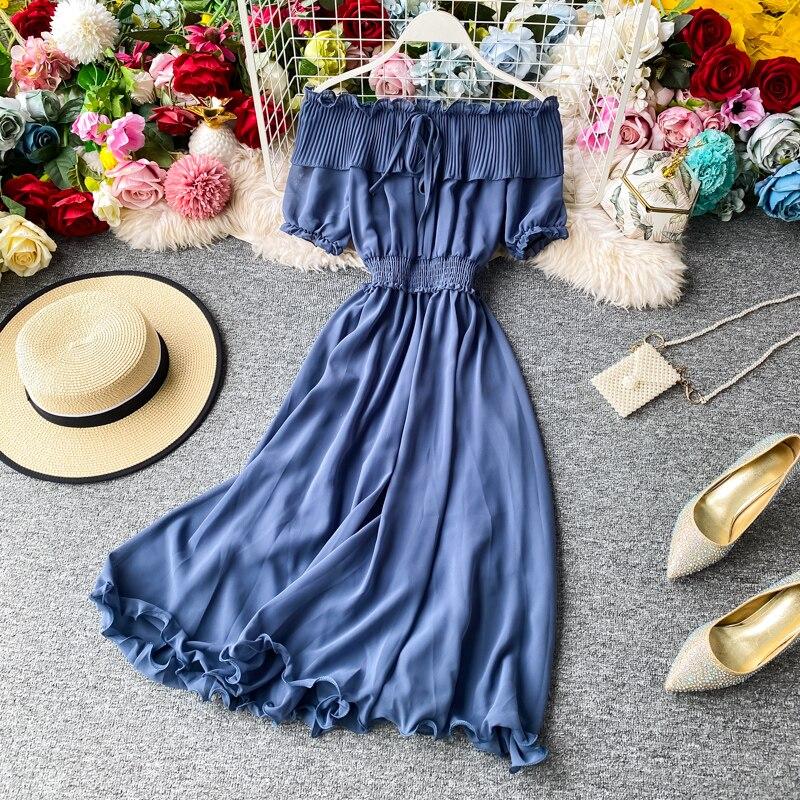 Платье для летних каникул Супер Фея Сладкие плиссированные длинные шифоновые женские платья с воротником с открытыми плечами в западном стиле