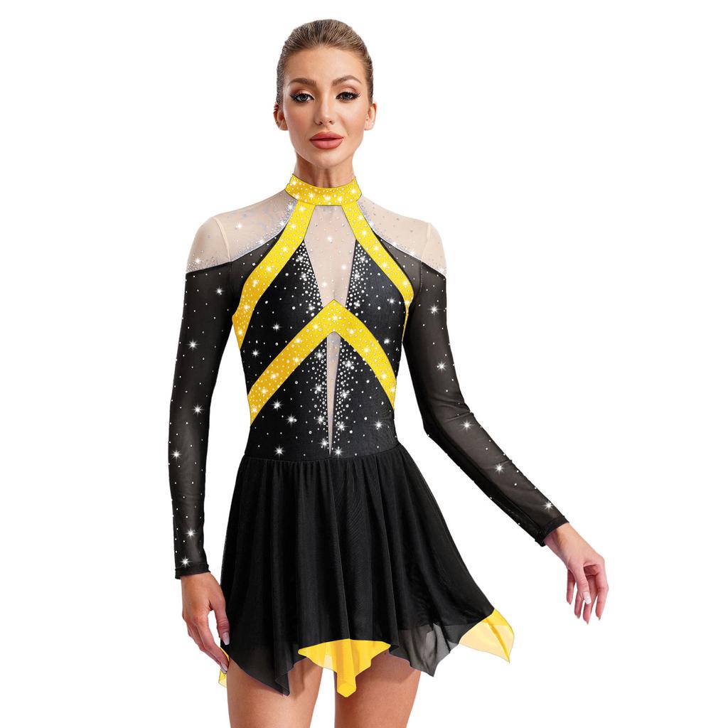 Женское платье для лирического танца, дизайн колор-блок, полупрозрачная сетчатая вставка, блестящие стразы, асимметричная танцевальная одежда