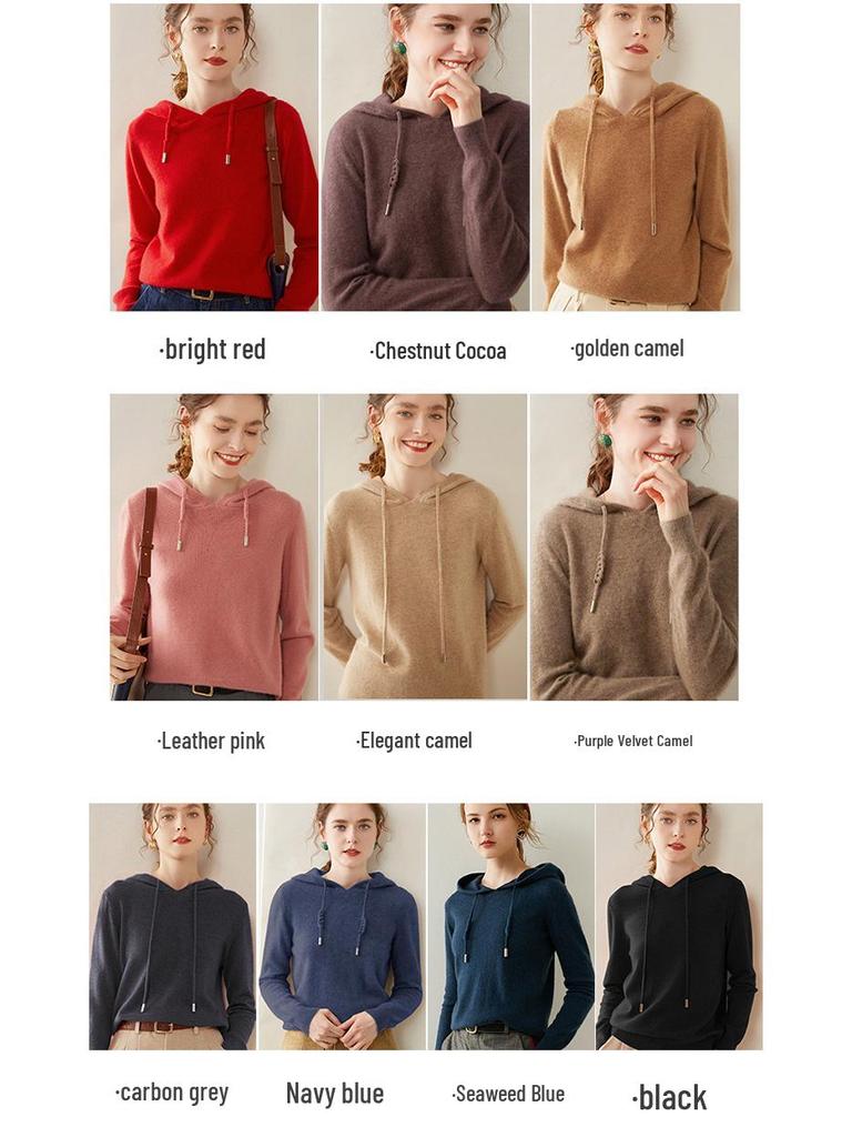 Women's Hooded Cashmere Sweater: Warm, Windproof, Long-Sleeved Pullover with Solid Color for Autumn and Winter.