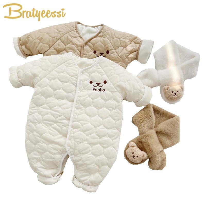 Bear Baby Winter Jumpsuit Scarf Autumn Toddler Outfit Set Fleece Newborn Romper for Boys Girls Clothes Infant Onesie