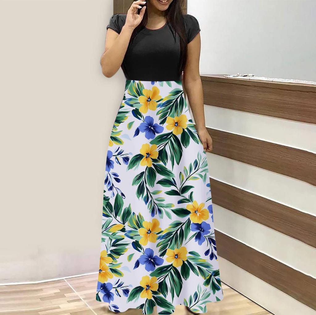 Женская мода повседневные свободные принтованные платья с круглым вырезом и коротким рукавом длинные платья с коротким рукавом длинные платья