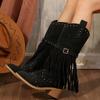 Women's Shoes Side Zipper Women's Boots Fashion Tassel Solid Women Shoes New Rivet Belt Buckle Retro Chunky Heel Mid-Calf Botas