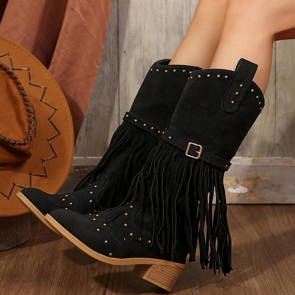 Women's Shoes Side Zipper Women's Boots Fashion Tassel Solid Women Shoes New Rivet Belt Buckle Retro Chunky Heel Mid-Calf Botas