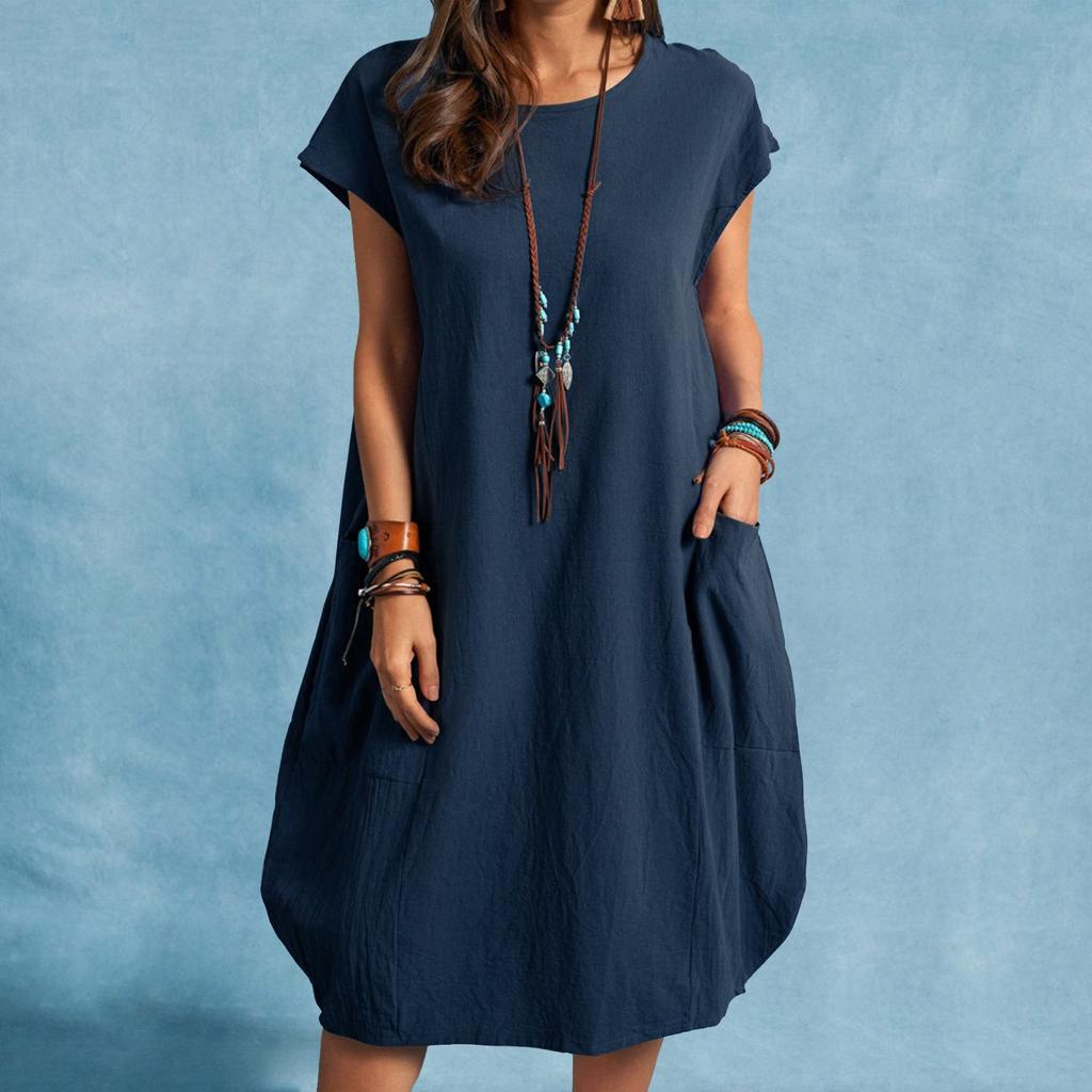 Spring/Summer 2022 European/American Loose Casual Solid Color Pocket Dress for Women In Cotton/Linen Fabric