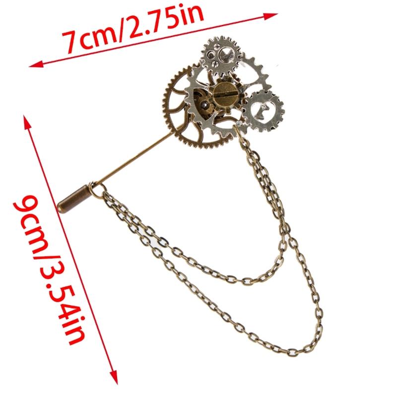 Steampunk Lapel Pin Gothic Vintage Gear Brooches with Metal Chain Badges Jewelry Collar Pin for Women Man Party Gifts