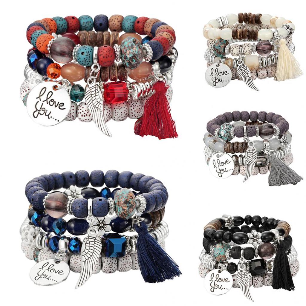 4Pcs/Set Bohemia Style Wing Beads Bracelet Women Bangle Jewelry Party Gift