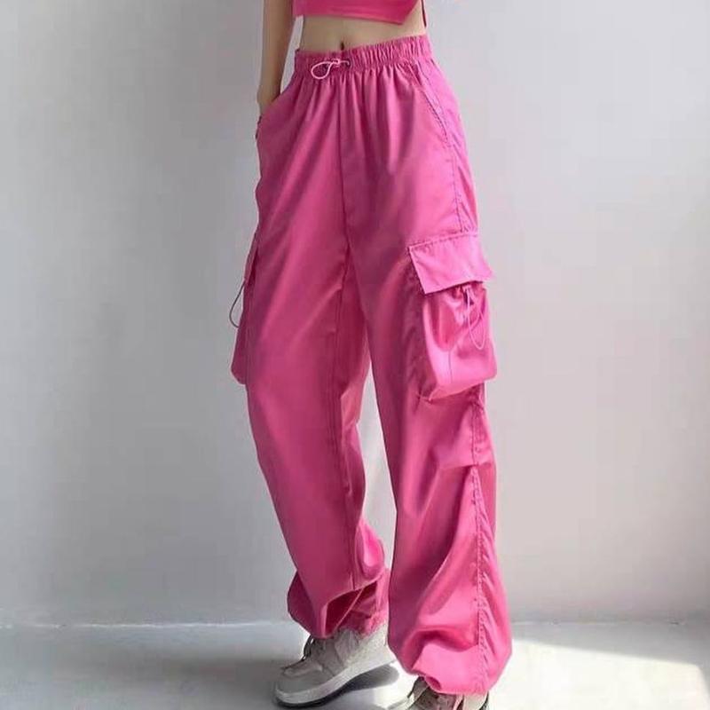 GMXIA Летние розовые шелковые быстросохнущие рабочие брюки женские Tide Cool Street Slim Wide Leg Design Feeling Drawstring Two Wear Dance Брюки