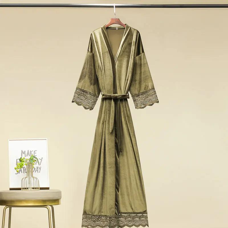Long Velvet Robes with Lace Robe Women Bride Bridesmaid Kimono Bathrobe Party Soft Lady Wedding Homewear Warm Velvet Robe Gown