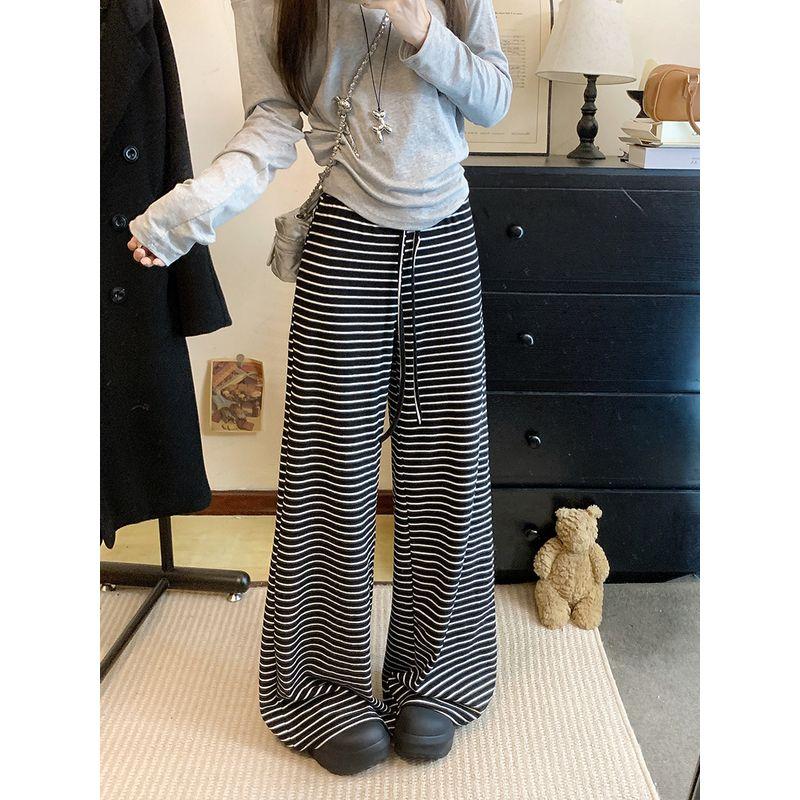 Kumikumi Stripes Drawstring High Waist Casual Pants Straight-Leg Pants Women Autumn Chic Loose Figure Flattering Mopping Pants Pants