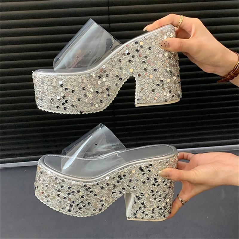Eilyken Summer Transparen Sequin Cloth Platform Open Toe Women's Slippers Designer Square High Heels Shoes