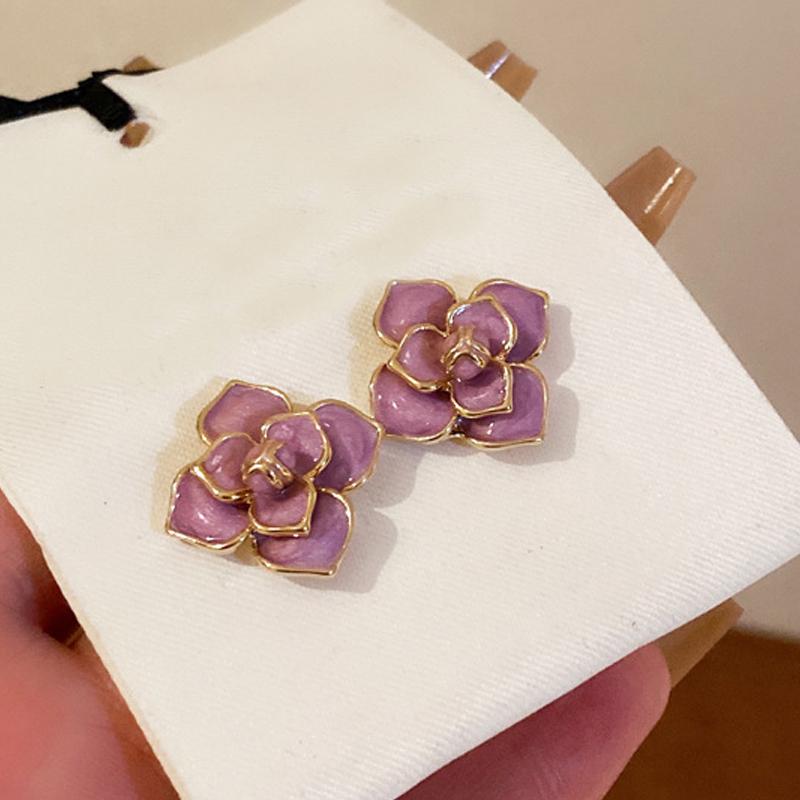 Purple Enamel Oil Flower Stud Earrings for Women Elegant Blooming Gardenia Flowers Earrings Wedding Party Sweet Jewelry Gift
